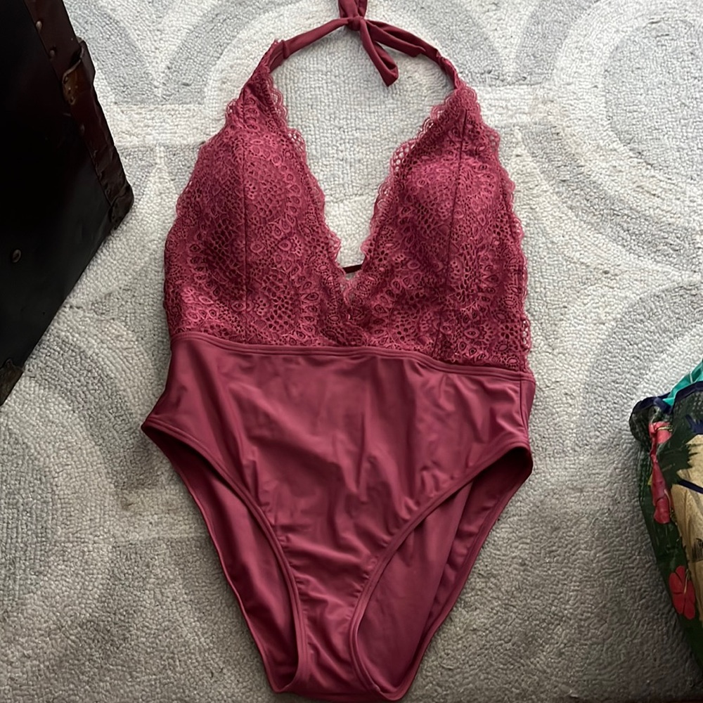 Lace halter top swimsuit bathing suit